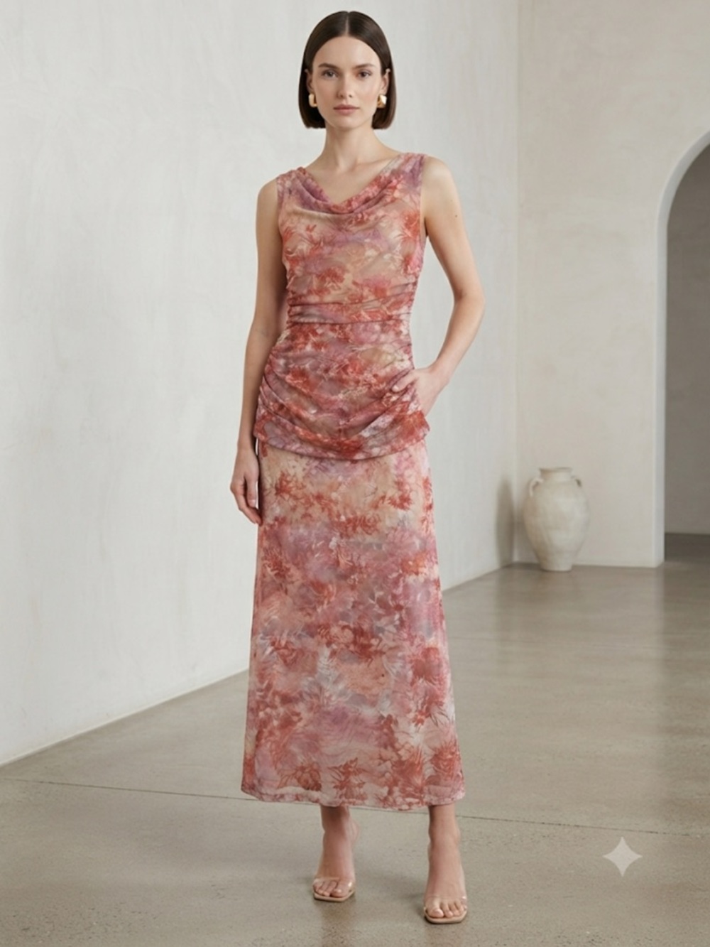 Fourteenth Place Sepia Floral Cowl Neck Ruched Midi Dress Size Small